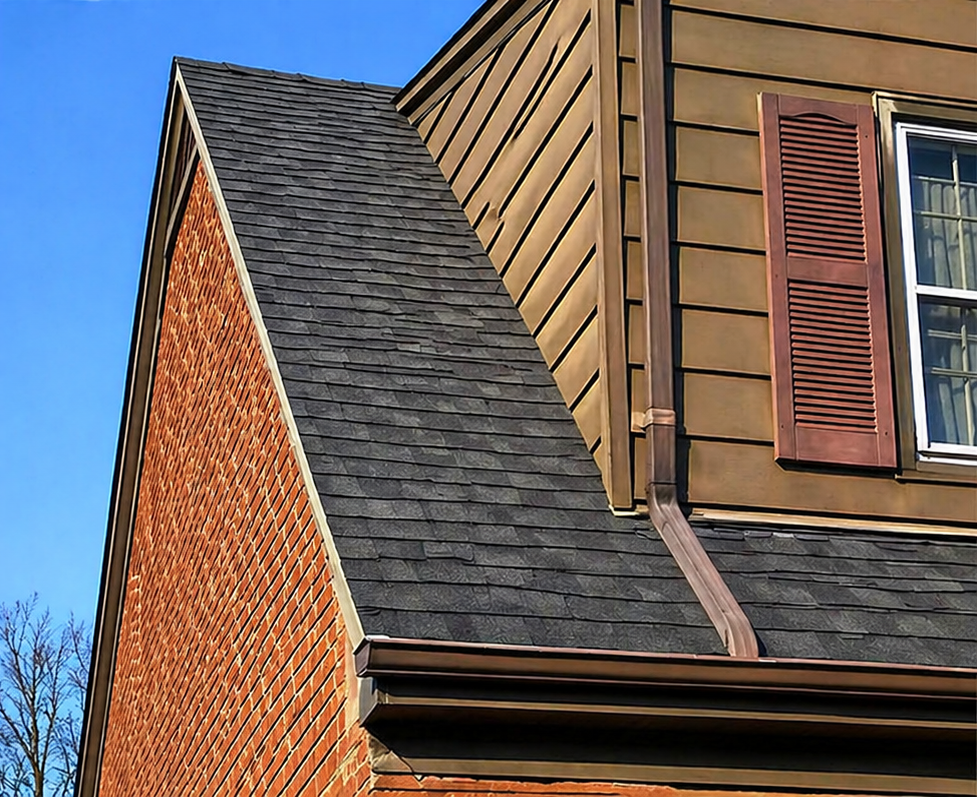 Close-up of a roof junction with shingles and brick wall.