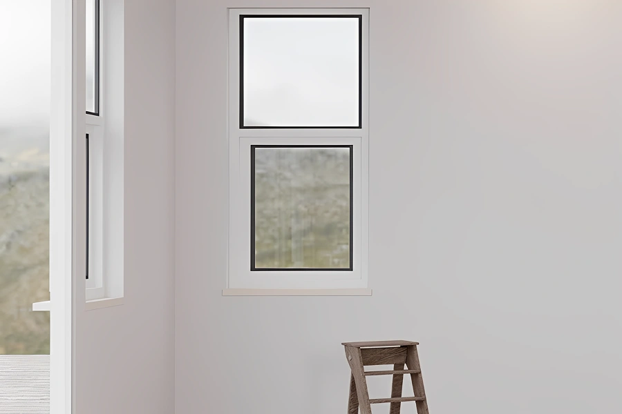 Ladder near white wall with windows.