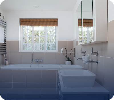 Bright, modern bathroom with a large window and sleek fixtures.
