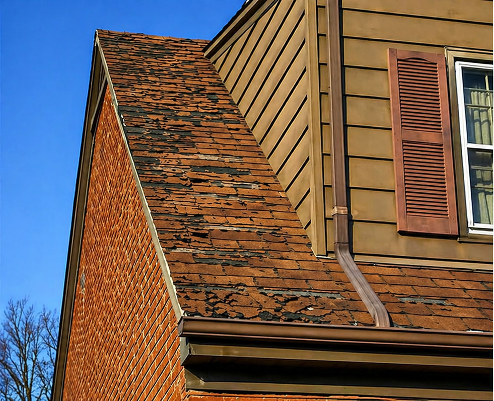 Close-up of a roof junction with brick and wooden siding under clear blue sky.