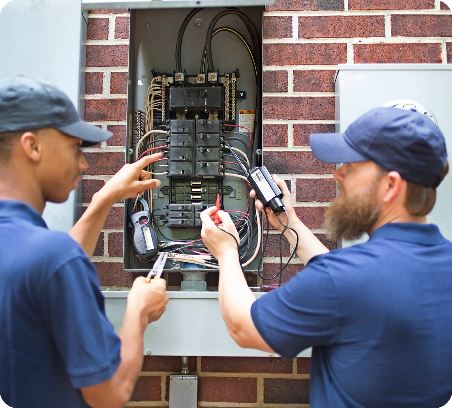 Two men checking electrical connections