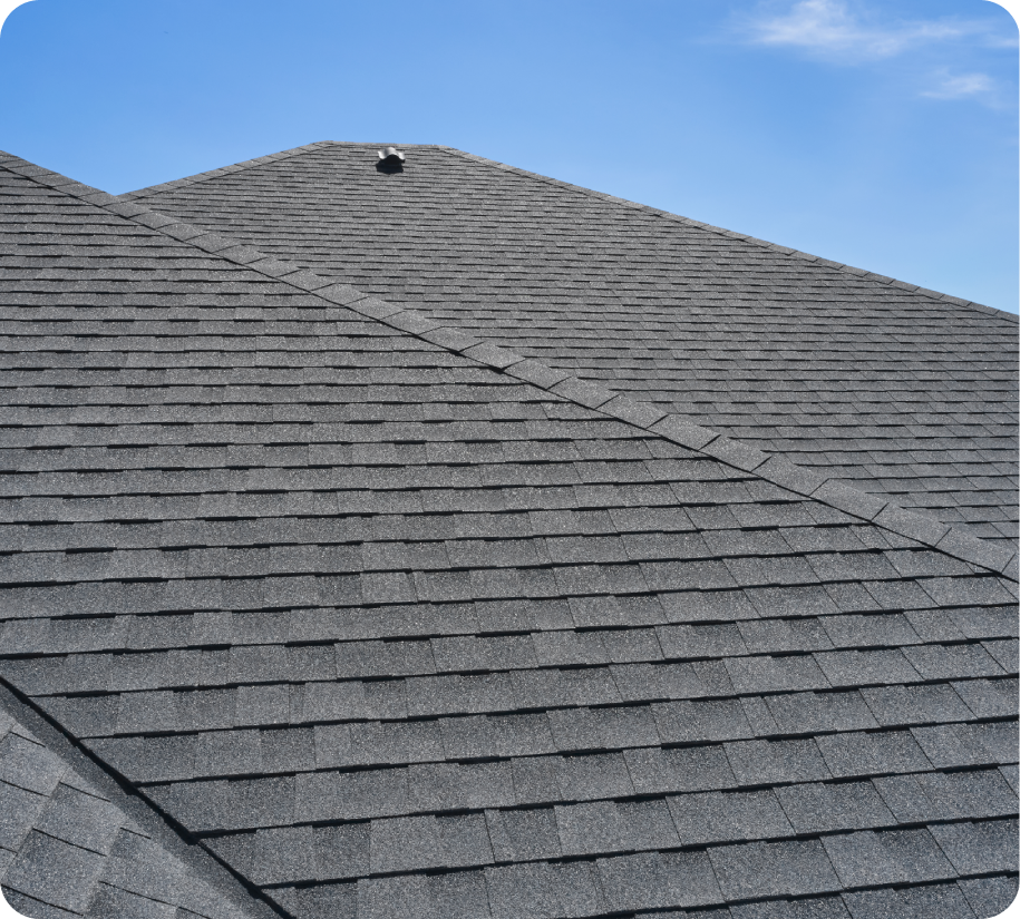 Close-up of a gray asphalt shingle roof under clear blue sky.