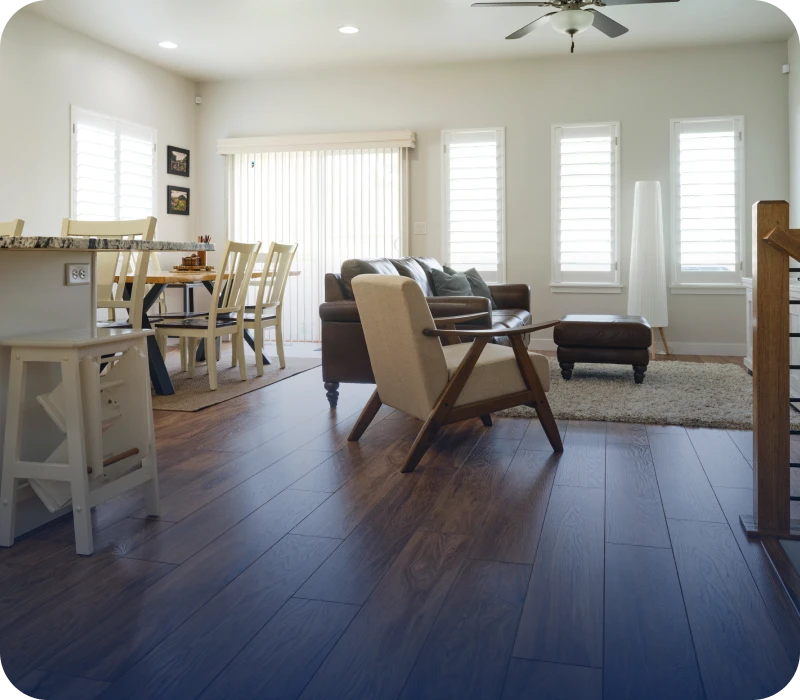 Modern living room with wooden flooring