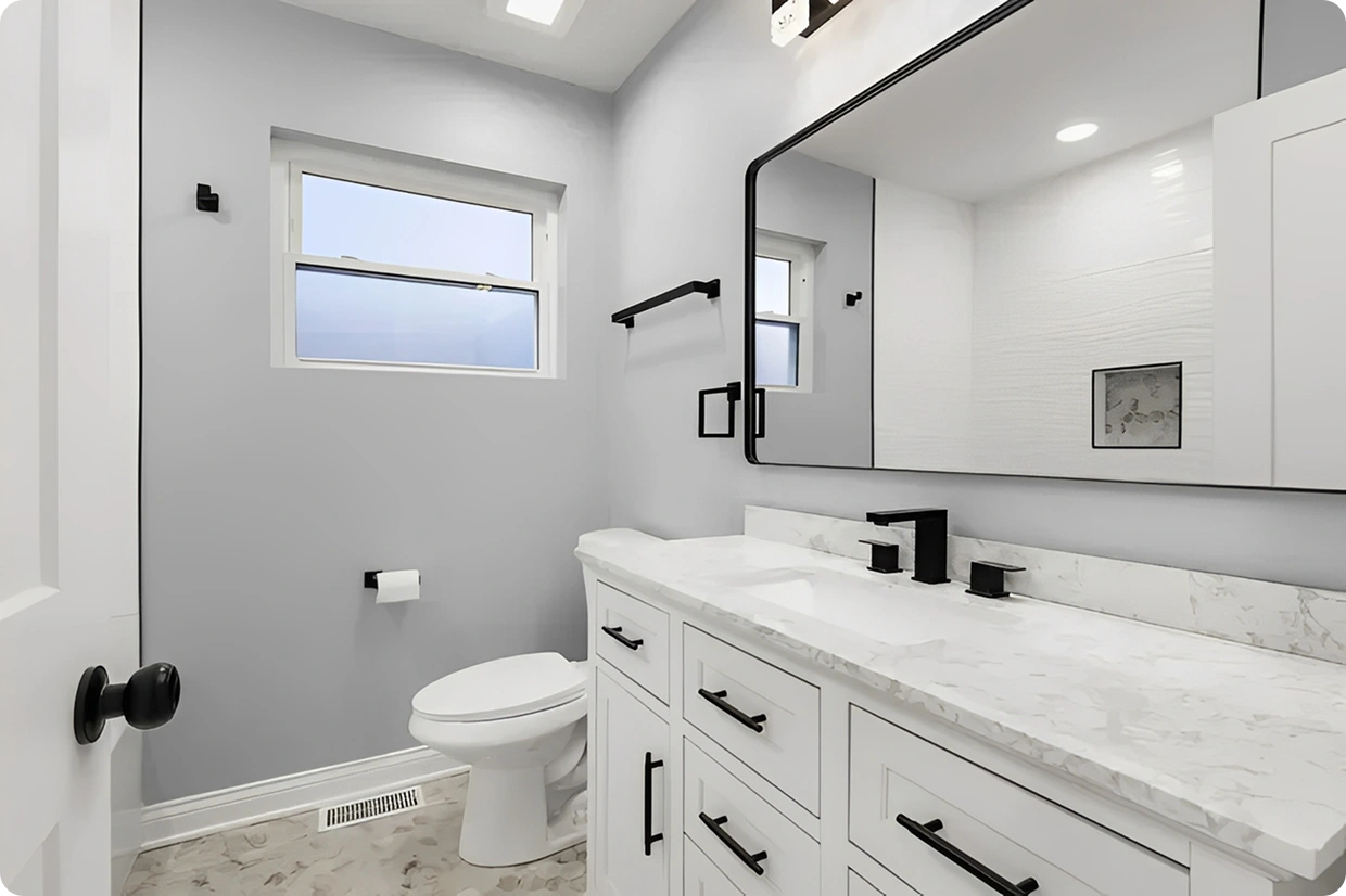 Modern bathroom with white cabinets