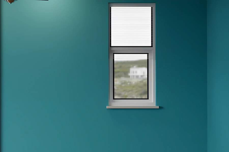 Teal wall with window and exterior view.