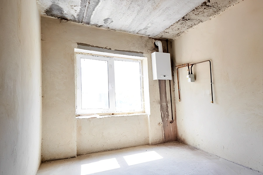 Empty room with window and water heater.
