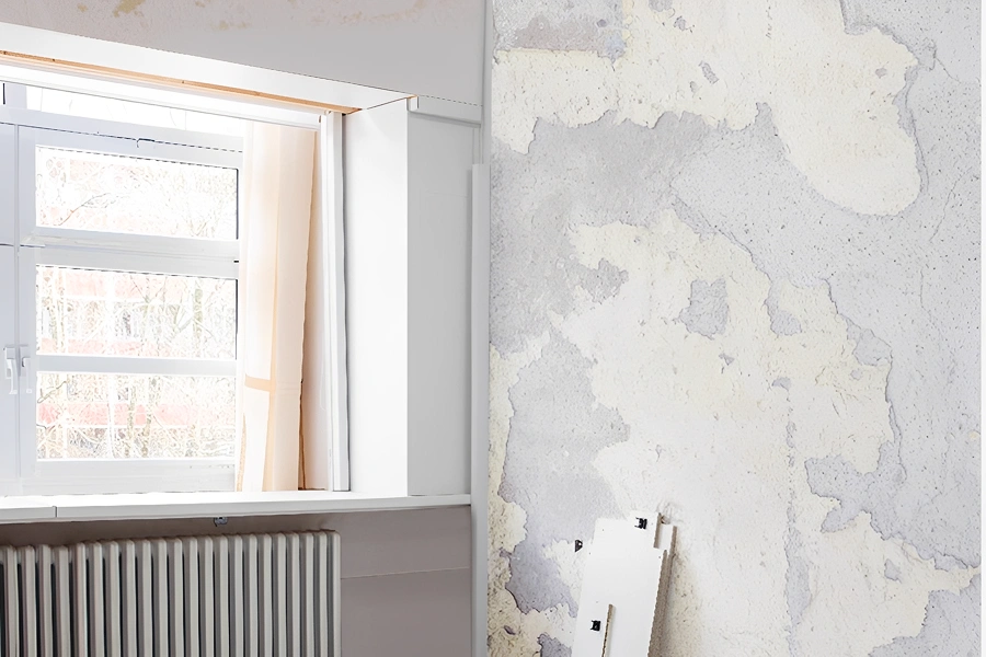 Peeling paint on wall near window.